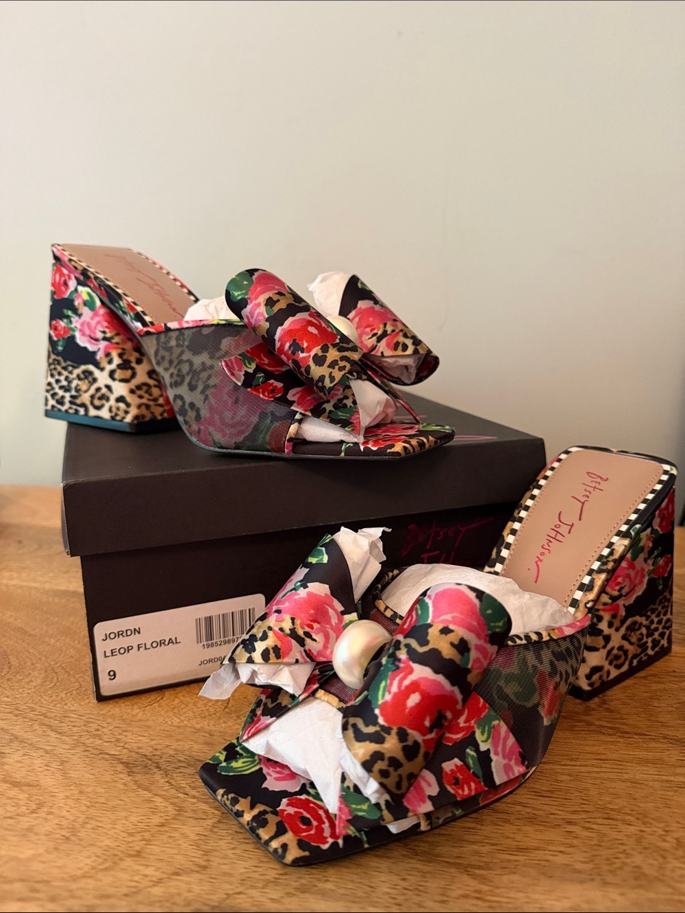 Betsey Johnson Black Floral Leopard Bow Slide Mules